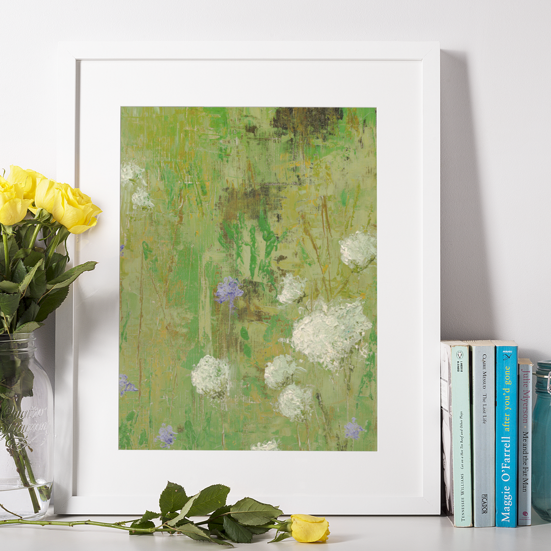 Artwork titled Meadow: Framed Abstract Print, Abstract Green Boho Artwork by Parisa Fine Arts for Sale
