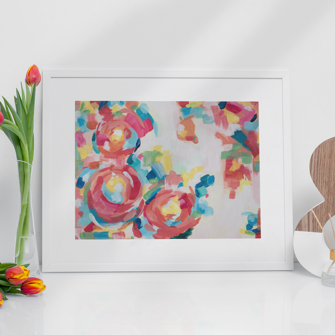 Artwork titled "Roses and Rainbows": Framed Colourful Abstract Print for Sale with a Flower inspiration from Parisa Fine Arts